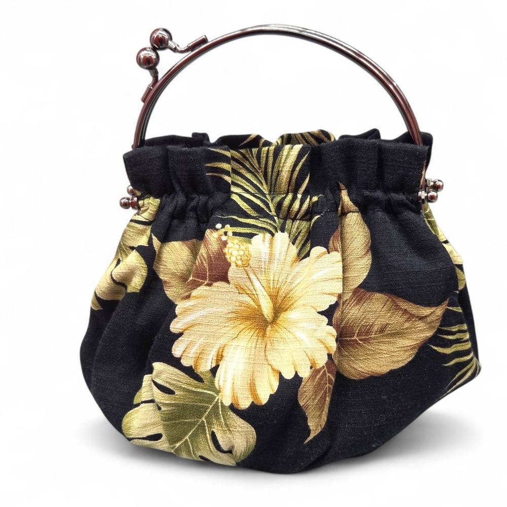 Vtg aBBa Black Golden Yellow Hibiscus Bag Kisslock Round Handle Hawaii '80s EUC